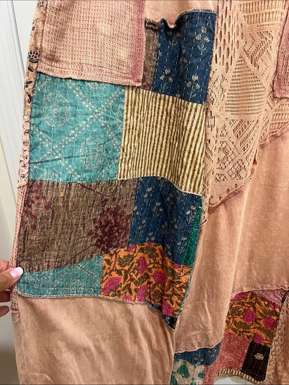 POL Patchwork pants in Peach with Teal & Navy Accents - Picture 2 of 5